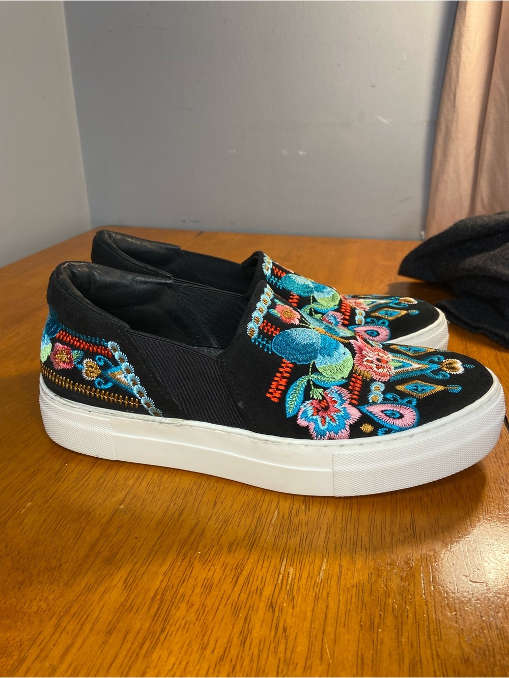 Johnny Was Black Slip-On Sneakers with Turquoise Butterfly Embroidery - Picture 4 of 12